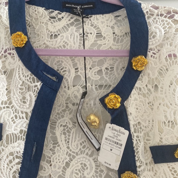 Ivory lace cardigan with denim trim, gold buttons NWT - Picture 4 of 6